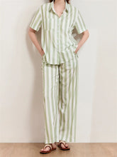LIZAKOSHT - Women Striped Print 2 Pieces Pajama Set Short Sleeve Buttons Up Shirts with Elastic Waist Wide Leg Pants Outfits