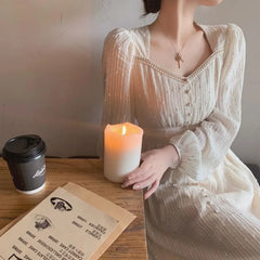 LIZAKOSHT - Women French Style Vintage Beaded Fairy Elegant Party Dresses Autumn Fashion Square Collar Long Sleeve Slim Midi Dress Vestidos