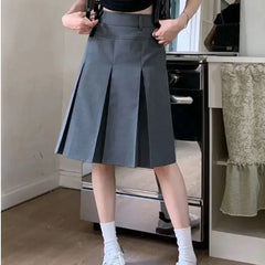 LIZAKOSHT - pleated skirt high quality Reversible high waist preppy Fashion Gray plus size Skirt for Women 2024 Summer New suit midi skirt