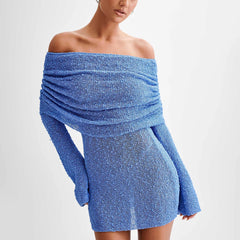 LIZAKOSHT - Sexy Women Bodycon Knitted Mini Dress Elegant Lady Boat Neck Off Shoulder Long Sleeve Casual Fuzzy Short Dress Party Cub