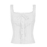 LIZAKOSHT - Textured Fabric Lace Trim Tank Top Elegant Tie-up Bow Single-breasted Sleeveless Tops French Style Slimming Camisole