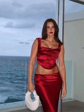 LIZAKOSHT  Sexy Elegant Satin Skirts Sets Women Sleeveless Folds Cropped Tank Tops+slim Midi Skirt Suits 20424 New Chic Fashion 2 Piece Set