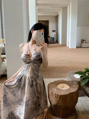 LIZAKOSHT - Backless Lace-up Printed Helter Long Dress Korean Fashion Backless Sleeveless Summer Fashion V Neck Sexy Dresses