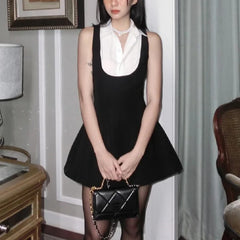 LIZAKOSHT  -  y2k Mini Dress Women Summer Contrast Color Patchwork Lapel Collar Sleeveless A Line Mini Dress Evening Party Dresses