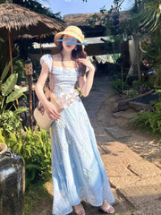LIZAKOSHT - Summer Fairy Puff Sleeve Slash Neck Blue Dress Women Elegant 3D Flower Decoration Chiffon High Waist Slim Princess Dresses