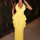 LIZAKOSHT - Hanging Neck Sleeveless Backless Double Sided Ruffles Trim Bodycon Strappy Slit Long Dress Fashion Summer Holiday Club Wear