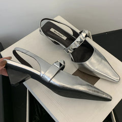 LIZAKOSHT  -  Sexy Rivet Slippers Women Low Heel Slingback Sandals Female Summer Pointed Toe Slide Chunky Designer Mules Pumps Sandalias Women