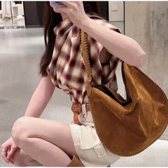 LIZAKOSHT - Women's Brown Suede Shoulder Bag Large Capacity Ladies Shopping Armpit bag Autumn Simple Tote Bag Luxury Leather Biker Bag