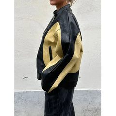 LIZAKOSHT - Vintage Patchwork Women's Leather Jacket Loose O-neck Long Sleeve Zipper Moto Biker Coats Autumn Lady Contrast Outwear Y2K