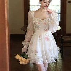 LIZAKOSHT - Dress Printed Square Neck Long Sleeve Plus Size Women'S Fat Mm French Spring And Summer Waist Slimming Cake Skirt Floral Skirt