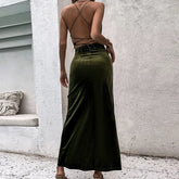 LIZAKOSHT - Summer Criss-cross Open Back Sleeveless Bodycon Women's Solid Sexy Classic Halter Split Tank Dresses Vacation Club Clothing