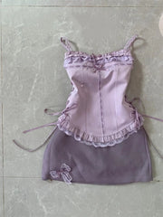 LIZAKOSHT - Sweet Lace Patchwork Short Camisole Vest for Women Summer High Waist Bow Bodycon Skirts Two Piece Sets 2025 Fashion New