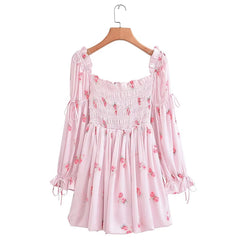 LIZAKOSHT - Sweet Women Pink Floral Print Long Sleeve Holiday Party Princess Mini Dress Summer 2024 Robe