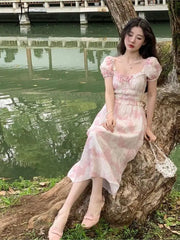 LIZAKOSHT  -  Pink Floral Midi Dress Women French Elegant Dress Even Party Office Lady Boho Beach Style Dress Korean Vintage Summer Chic