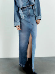 LIZAKOSHT - Blue Denim Long Skirt Women Spring Summer Elegant Front Split Maxi Skirt Ladies Vintage Fashion High Waist Slim Streetwear Skirt