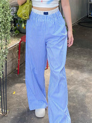 LIZAKOSHT - Women's Casual Stripe Trousers Loungewear Elastic High Waist Letter Sign Wide Leg Pants with Pockets for Streetwear Y2K