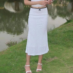 LIZAKOSHT - New 2024 Women Lace Trim Floral Print Fishtail Skirt Bow Elastic Waist Female Summer Midi Skirt Holiday