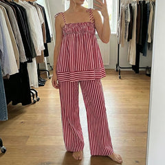 LIZAKOSHT - Women Summer Striped 2 Piece Outfits Casual Sleeveless Tie Strap Babydoll Tank Top Pants Sets Sleepwear Y2K Lounge Matching Suit