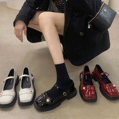 LIZAKOSHT - Shoes for Woman Pearl Mary Jane Women's Summer Footwear Square Toe Red Gothic Japanese Style Lolita Low Heel Elegant Casual