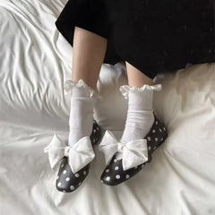 LIZAKOSHT - French Butterfly Knot Mary Jane Shoes Women's New Spring Retro Polka Dot Slip-On Flat Heel Fashionable round Toe Satin Surface