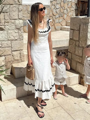 LIZAKOSHT - Women Elegant Contrast Spliced Ruffles Hem Long Dress Fashion Square Neck Backless Sleeveless Robes Female Chic Holiday Vestidos