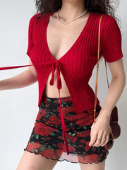 LIZAKOSHT - Summer Two Pieces Set Casual Grunge Knitted Bandage Slim Crop Top+Y2k Aesthetic High Waist Streetwear Women Printing Mini Skirts