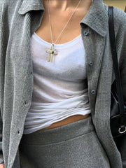 LIZAKOSHT - Women's Knitted Grey Set Collar Single Breasted Top Vertical Casual Pants Split Sexy Fishtail Skirt Autumn Long Sleeve Suit