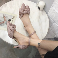 LIZAKOSHT  -  Summer Thin Heels Footwear Stiletto Sandals for Woman Pink Bow Women's Shoes Pointed Toe Party Weddings Closed Sandal F Vip