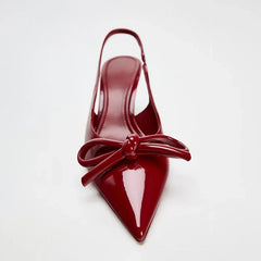 LIZAKOSHT - Luxury Designer Ladies Slingbacks Pumps Sweet Bow Elegant Pointed Toe Stilettos Patent Leather Party Wedding Shoes for Women
