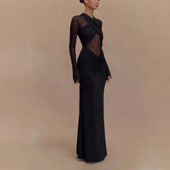 LIZAKOSHT - New Women Long Sleeve See Through Sexy Solid Color Elegant Pleated Dress