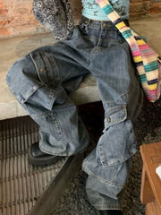 LIZAKOSHT  -  High Street Straight Loose Wide Leg Pants Large Size American Vintage Washed Large Pocket Design Jeans Long Pants Women Jeans