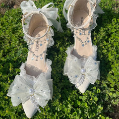 LIZAKOSHT - elegant party shoes for women luxury designer shoes women sandals Bridal shoes lolita heel with pointed head ladies shoes white