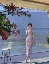 LIZAKOSHT - Summer Purple Sequin Set for Women 2 Pieces Sexy Bustier Split Half-body Dress Beach Holiday Casual Elegant Chic Female Clothing