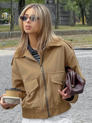 LIZAKOSHT  -  Casual Flip Collar Zipper Pocket Jacket Woman Solid Color Long Sleeves Loose Street Coats Chic Women's Warm Early Autumn Jackets