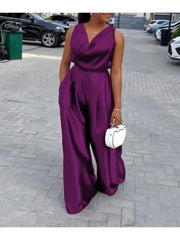 LIZAKOSHT - Deep V-Neck Jumpsuits Sexy Elegant Sleeveless Jumpsuit for Women New Loose High Waist Wide Leg Purple One-piece Pants