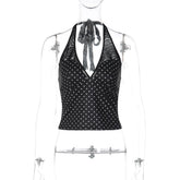 LIZAKOSHT - Woman Clothing Halter Neck Polka Dot Tank Tops 2026 Summer Casual Sexy Sleeveless Mesh Patchwork Corset Camisoles Black T-shirt