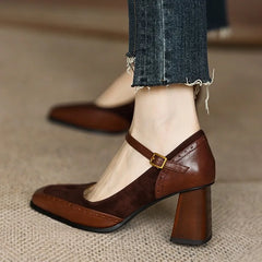 LIZAKOSHT - New Fashion French Style Women's Shoes Square Toe Chunky Heel Thick Sole Buckle Slip-On Pumps Vintage Sandals for Ladies