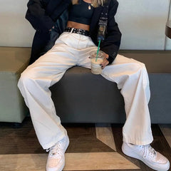 LIZAKOSHT - Autumn and Winter New Women's Casual Fashion Pockets Solid Color Denim Loose Straight Leg Pants Ladies Simple Trousers