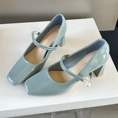 LIZAKOSHT  -  Fashion Chunky Mary Jane Shoe Patent Leather Elegant Dress Shoes Pearl Buckle Comfort Spring Square Toe High Heels Female Pumps