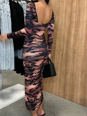 LIZAKOSHT - Floral Print Elegant Lady Midi Dress Round Neck Casual Slim Women Party Dress Female Long Sleeve Tight Dress Vestido New