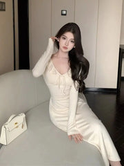 LIZAKOSHT - V-neck Lotus Leaf Dress Women's Strappy Waist Long-sleeved Gentle Style A-line Long Skirt