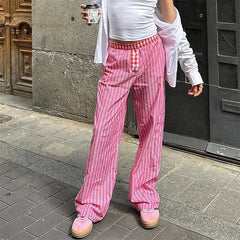 LIZAKOSHT - y2k Pants Women Chic Fashion Striped Contrast Color Elastic Waist Wide Leg Loose Trousers 2000s Sweatpants Streetwear