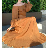 LIZAKOSHT - 2026 French Style Glossy Lantern Sleeves Kinked Butterfly One-word Shoulder Dress Pendant Long Dress