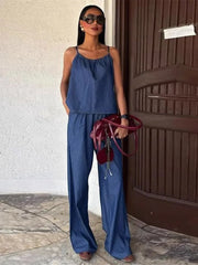 LIZAKOSHT - Women's Two Pieces Set Denim Pant Sets Sleeveless Tanks Tops Sets Women's Suits High Waist Wide Leg Trousers Outfit Streetwear