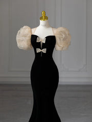 LIZAKOSHT - Sweetheart Bow Evening Dresses Elegant Puff Sleeves Mermaid Black Velvet Fishtail Noble Wedding Formal Party Prom Gowns Formal