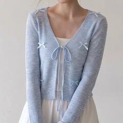 LIZAKOSHT - 7 colors CHIC Front Lacing up Knitted Bow Cardigan V neck Girl's Spring Summer Thin Sweater Full Sleeve Short Jumper Knitwear