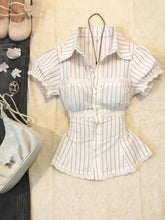 LIZAKOSHT - Harajuku Fashion Lace Trim Design Shirt Korean Style Sweet Color-Block Striped Short Sleeve Shirt Women Waist-Slimming Tops
