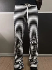 LIZAKOSHT - Casual Women Fashion Black Striped Drawstring Wide Leg Trousers Summer Vintage High Waist Female Chic Bottoms