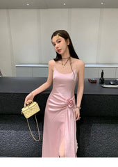 LIZAKOSHT - Suspender Dress Slit Satin Rose Flower Ribbon Pleated Design Pink High Quality Summer New Niche Suspender Long Dress