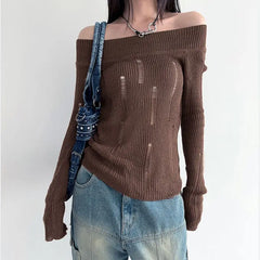 LIZAKOSHT - Women Grunge Loose Streetwear Pullovers Autumn Vintage Casual Knitted Hollow Out Jumpers Trendy Y2k Aesthetic Fashion Sweaters